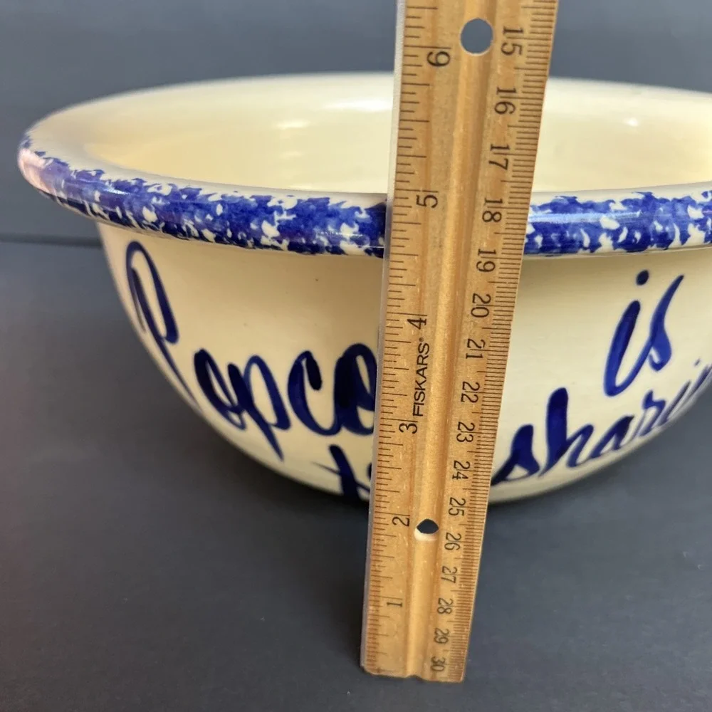 Sponge Ware Large Popcorn Bowl Blue Ivory THAT'S ALL Folks Handmade Pottery EUC